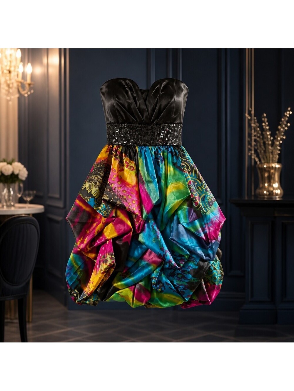 Homecoming Vintage Rainbow Bubble Hem Sequin Satin Cocktail Party Dress 4032